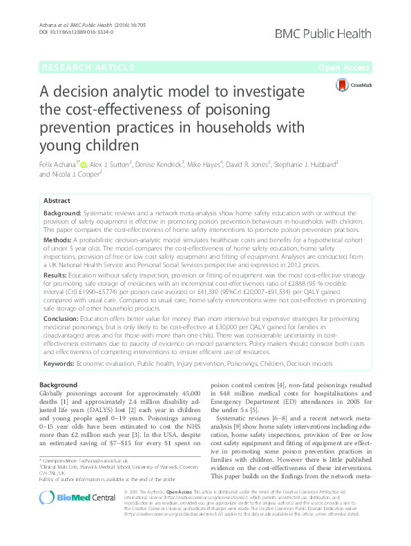 A decision analytic model to investigate the cost-effectiveness of poisoning prevention practices in households with young children Thumbnail