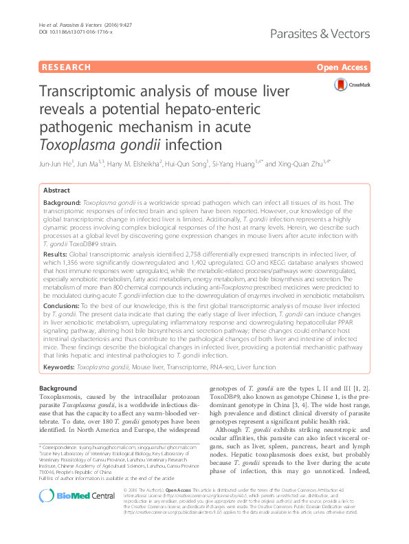 Transcriptomic analysis of mouse liver reveals a potential hepato-enteric pathogenic mechanism in acute Toxoplasma gondii infection Thumbnail