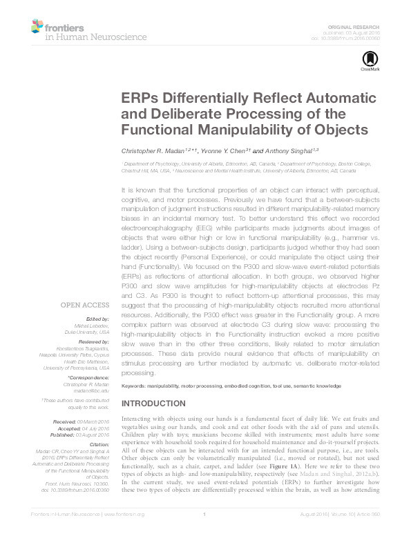 ERPs differentially reflect automatic and deliberate processing of the functional manipulability of objects Thumbnail