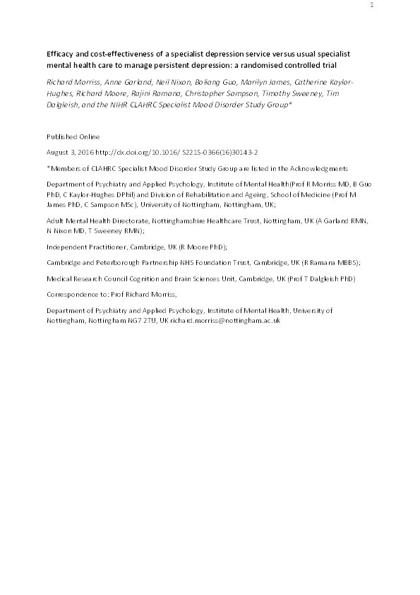 Efficacy and cost-effectiveness of a specialist depression service versus usual specialist mental health care to manage persistent depression: a randomised controlled trial Thumbnail