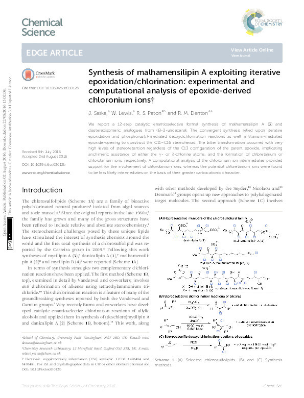 Synthesis of malhamensilipin A exploiting iterative epoxidation/chlorination: experimental and computational analysis of epoxide-derived chloronium ions Thumbnail