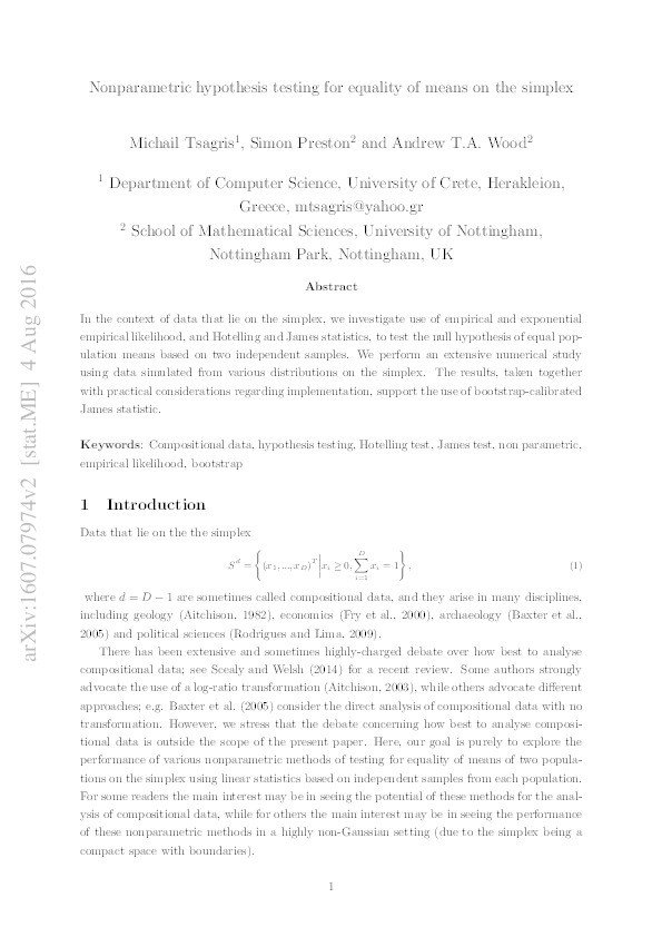 Nonparametric hypothesis testing for equality of means on the simplex Thumbnail