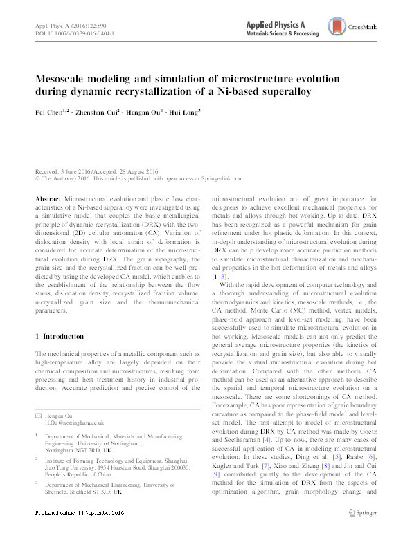 Mesoscale modeling and simulation of microstructure evolution during dynamic recrystallization of a Ni-based superalloy Thumbnail