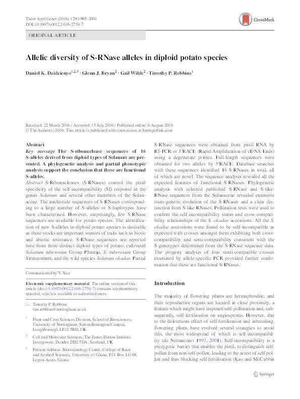Allelic diversity of S?RNase alleles in diploid potato species Thumbnail