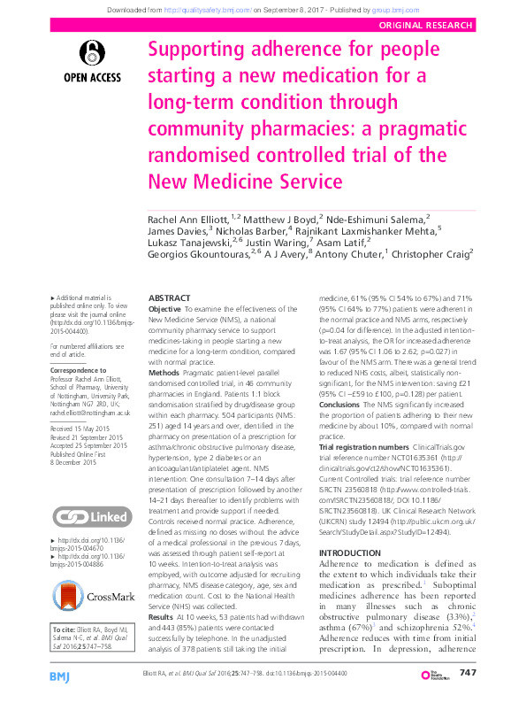 Supporting adherence for people starting a new medication for a long-term condition through community pharmacies: a pragmatic randomised controlled trial of the New Medicine Service Thumbnail