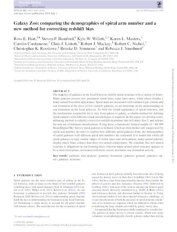 Galaxy Zoo: comparing the demographics of spiral arm number and a new method for correcting redshift bias Thumbnail