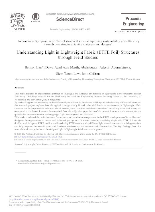 Understanding light in lightweight fabric (ETFE foil) structures through field studies Thumbnail