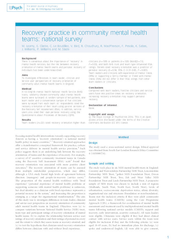 Recovery practice in community mental health teams: national survey Thumbnail