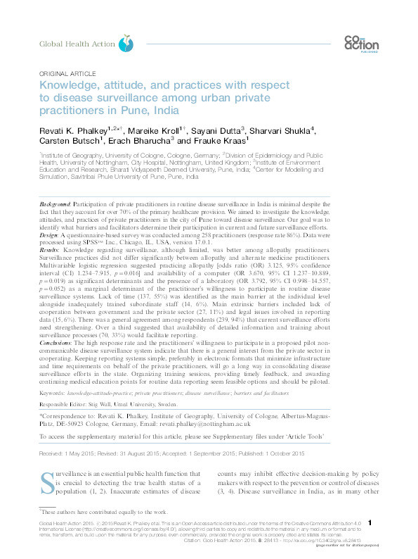Knowledge, attitude, and practices with respect to disease surveillance among urban private practitioners in Pune, India Thumbnail