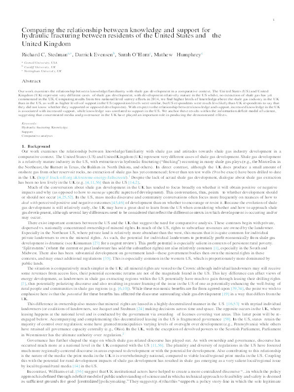 Comparing the relationship between knowledge and support for hydraulic fracturing between residents of the United States and the United Kingdom Thumbnail