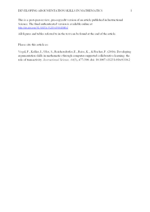 Developing argumentation skills in mathematics through computer-supported collaborative learning: the role of transactivity Thumbnail