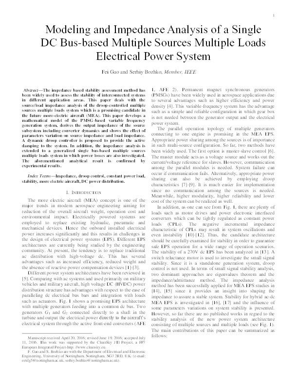 Modeling and impedance analysis of a single DC bus-based multiple-source multiple-load electrical power system Thumbnail