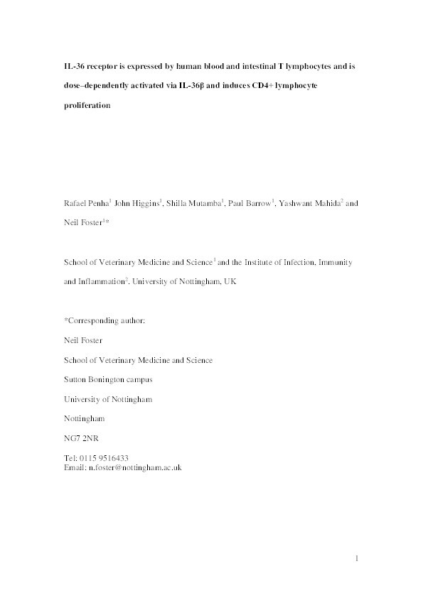 IL-36 receptor is expressed by human blood and intestinal T lymphocytes and is dose–dependently activated via IL-36β and induces CD4+ lymphocyte proliferation Thumbnail