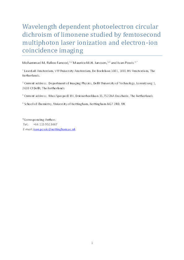 Wavelength dependent photoelectron circular dichroism of limonene studied by femtosecond multiphoton laser ionization and electron-ion coincidence imaging Thumbnail