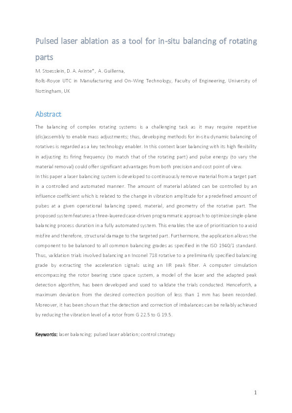 Pulsed laser ablation as a tool for in-situ balancing of rotating parts Thumbnail