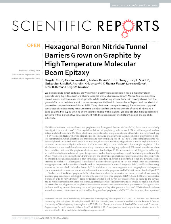 Hexagonal Boron Nitride Tunnel Barriers Grown on Graphite by High Temperature Molecular Beam Epitaxy Thumbnail