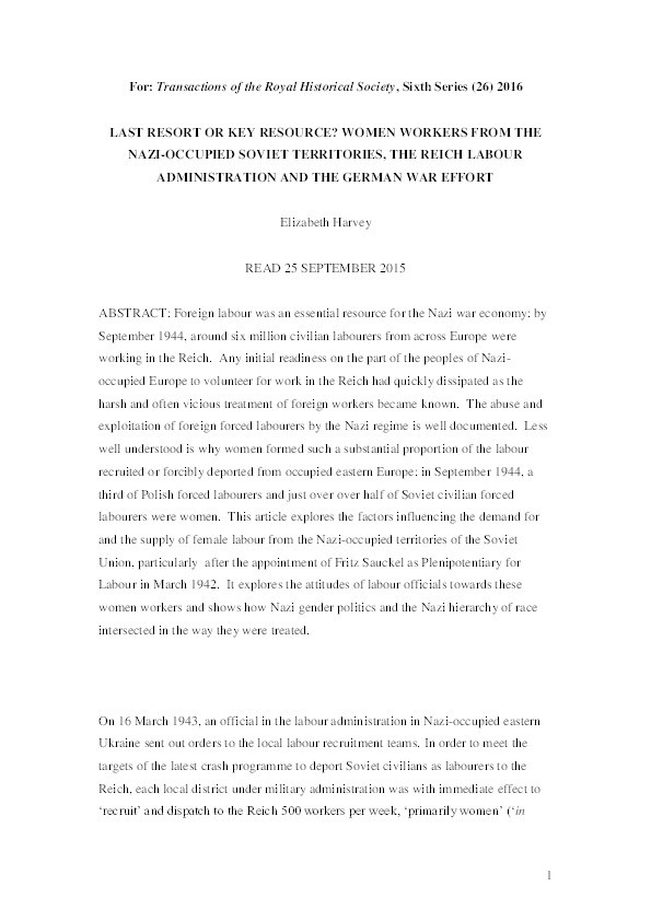 Last resort or key resource? Women workers from the Nazi-occupied Soviet territories, the Reich labour administration and the German war effort Thumbnail
