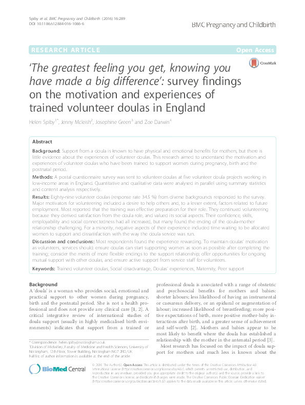‘The greatest feeling you get, knowing you have made a big difference’: survey findings on the motivation and experiences of trained volunteer doulas in England Thumbnail