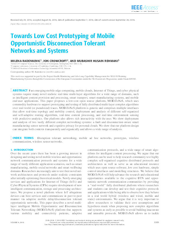 Towards low cost prototyping of mobile opportunistic disconnection tolerant networks and systems Thumbnail