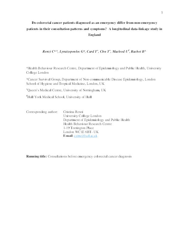 Do colorectal cancer patients diagnosed as an emergency differ from non-emergency patients in their consultation patterns and symptoms?: a longitudinal data-linkage study in
England Thumbnail