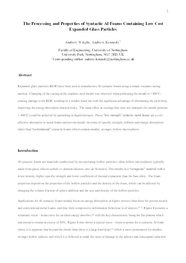 The processing and properties of syntactic Al foams containing low cost expanded glass particles Thumbnail