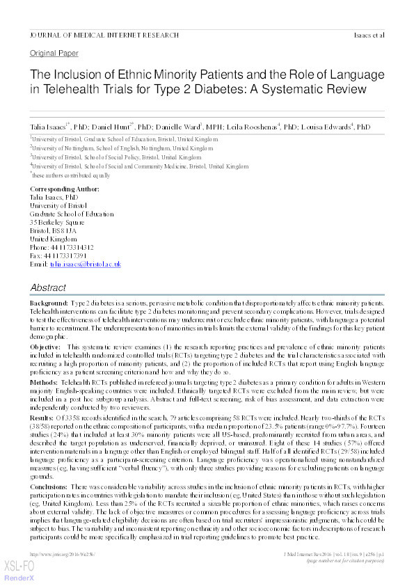 The Inclusion of Ethnic Minority Patients and the Role of Language in Telehealth Trials for Type 2 Diabetes: A Systematic Review Thumbnail