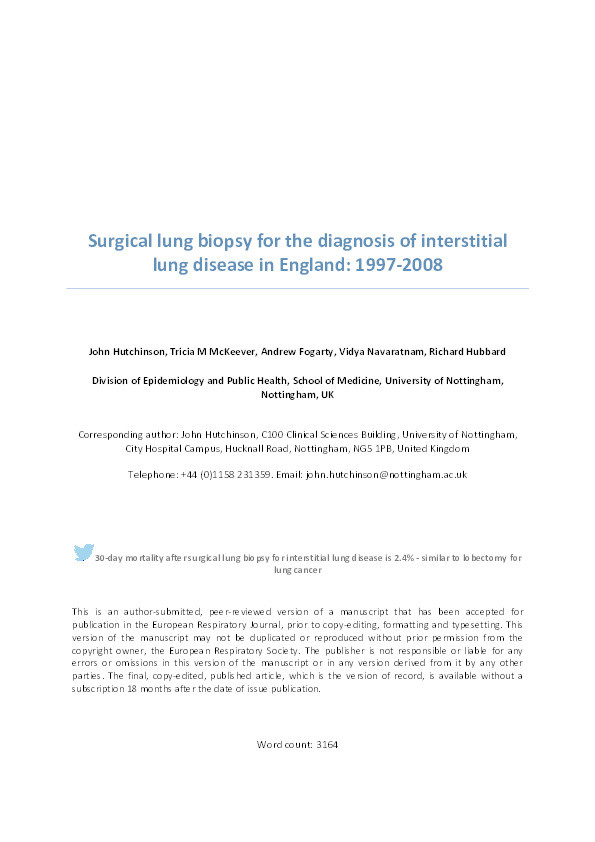 Surgical lung biopsy for the diagnosis of interstitial lung disease in England: 1997-2008 Thumbnail