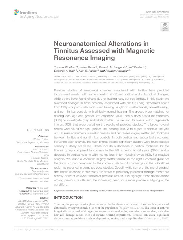 Neuroanatomical Alterations in Tinnitus Assessed with Magnetic Resonance Imaging Thumbnail