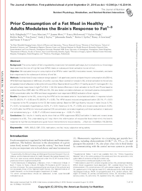 Prior Consumption of a Fat Meal in Healthy Adults Modulates the Brain's Response to Fat Thumbnail