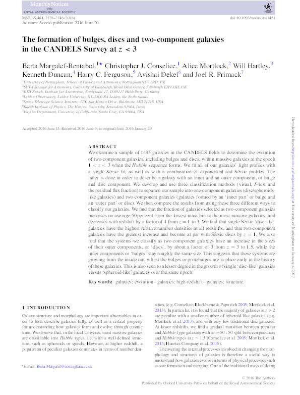 The formation of bulges, discs and two-component galaxies in the CANDELS Survey at z < 3 Thumbnail