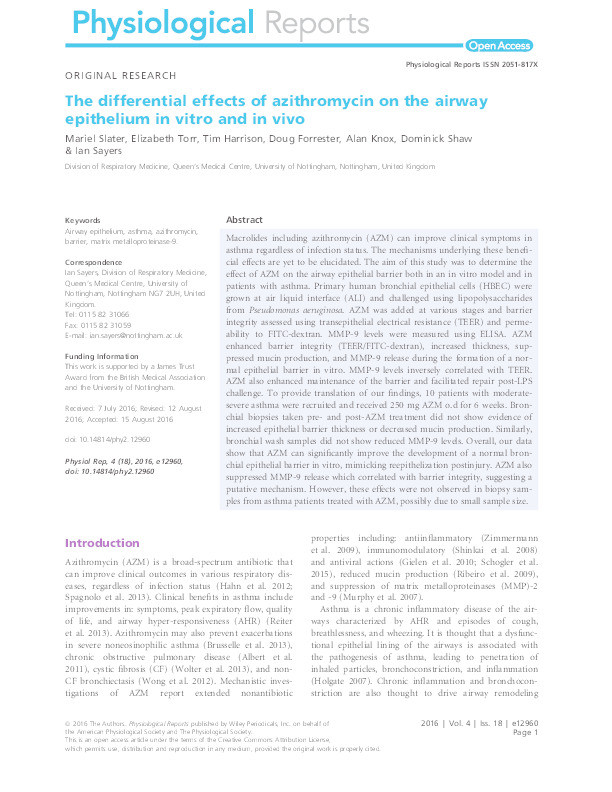 The differential effects of azithromycin on the airway epithelium in vitro and in vivo Thumbnail