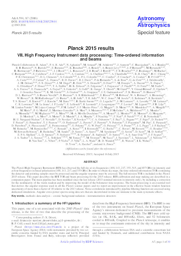Planck 2015 results. VII. High Frequency Instrument data processing: time-ordered information and beams Thumbnail