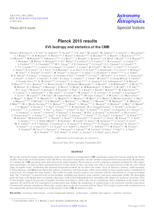 Planck 2015 results: XVI. Isotropy and statistics of the CMB Thumbnail