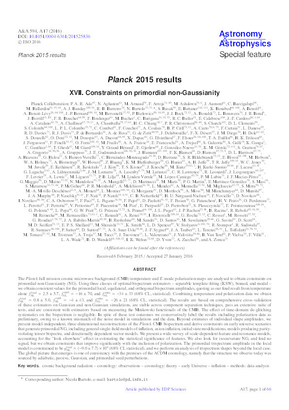 Planck 2015 results. XVII. Constraints on primordial non-Gaussianity Thumbnail