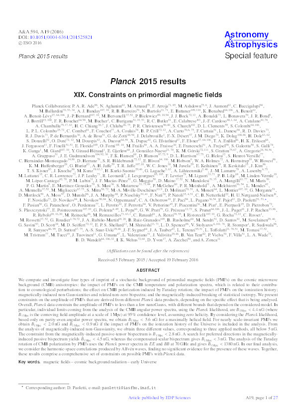 Planck 2015 results. XIX. Constraints on primordial magnetic fields Thumbnail