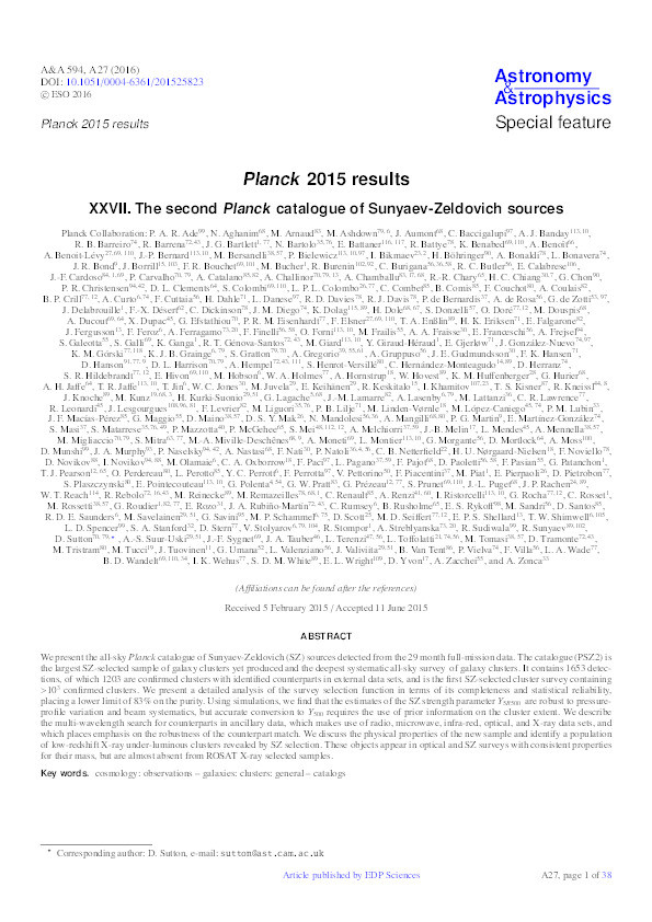 Planck 2015 results. XXVII. The second Planck catalogue of Sunyaev-Zeldovich sources Thumbnail