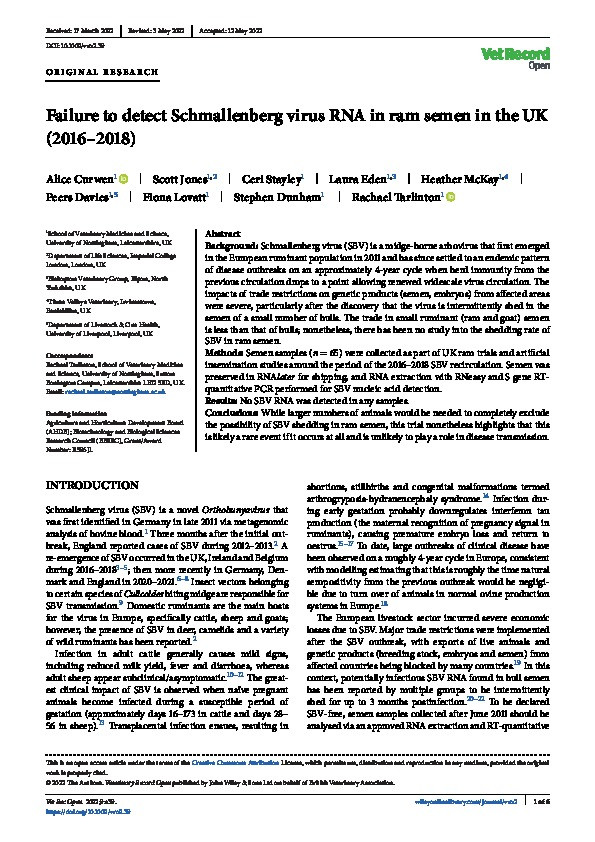 Failure to detect Schmallenberg Virus in ram semen in the UK (2016-2018) Thumbnail