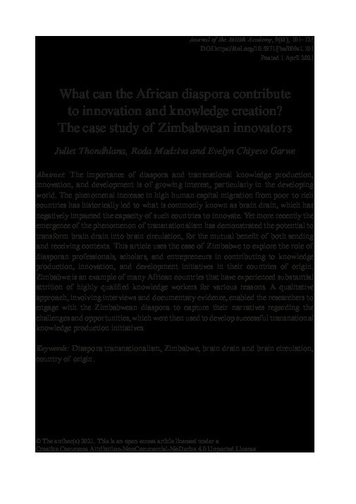 What can the African diaspora contribute to innovation and knowledge creation? The case study of Zimbabwean innovators Thumbnail