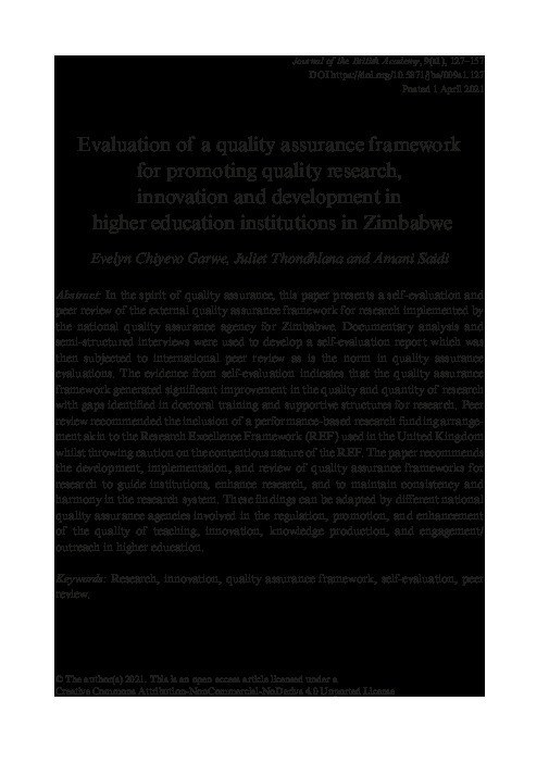 Evaluation of a quality assurance framework for promoting quality research, innovation and development in higher education institutions in Zimbabwe Thumbnail