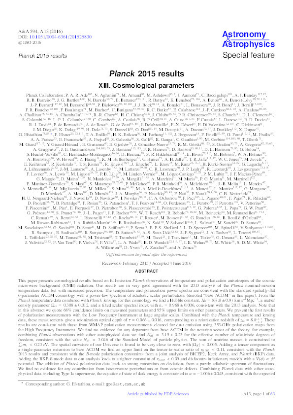 Planck 2015 results. XIII. Cosmological parameters Thumbnail