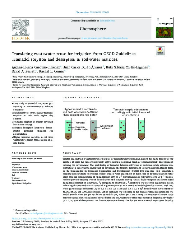 Translating wastewater reuse for irrigation from OECD Guidelines: Tramadol sorption and desorption in soil-water matrices. Thumbnail