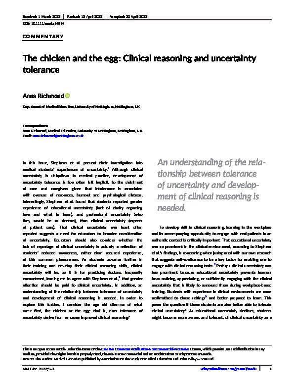 The chicken and the egg: Clinical reasoning and uncertainty tolerance Thumbnail