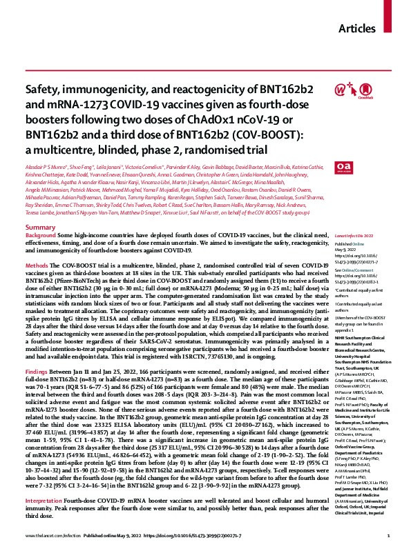 Safety, immunogenicity, and reactogenicity of BNT162b2 and mRNA-1273 COVID-19 vaccines given as fourth-dose boosters following two doses of ChAdOx1 nCoV-19 or BNT162b2 and a third dose of BNT162b2 (COV-BOOST): a multicentre, blinded, phase 2, randomised trial Thumbnail