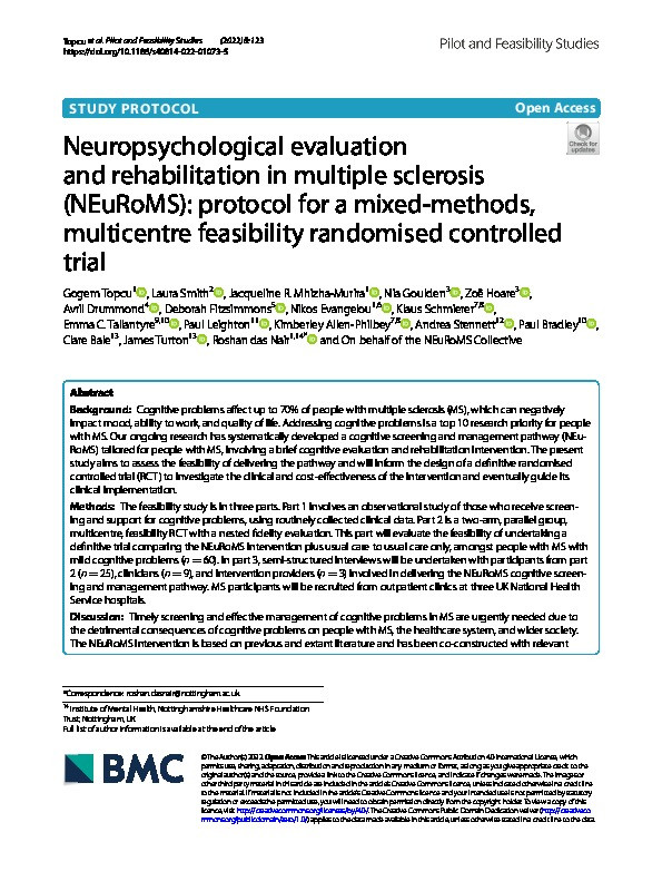 Neuropsychological evaluation and rehabilitation in multiple sclerosis (NEuRoMS): protocol for a mixed-methods, multicentre feasibility randomised controlled trial Thumbnail