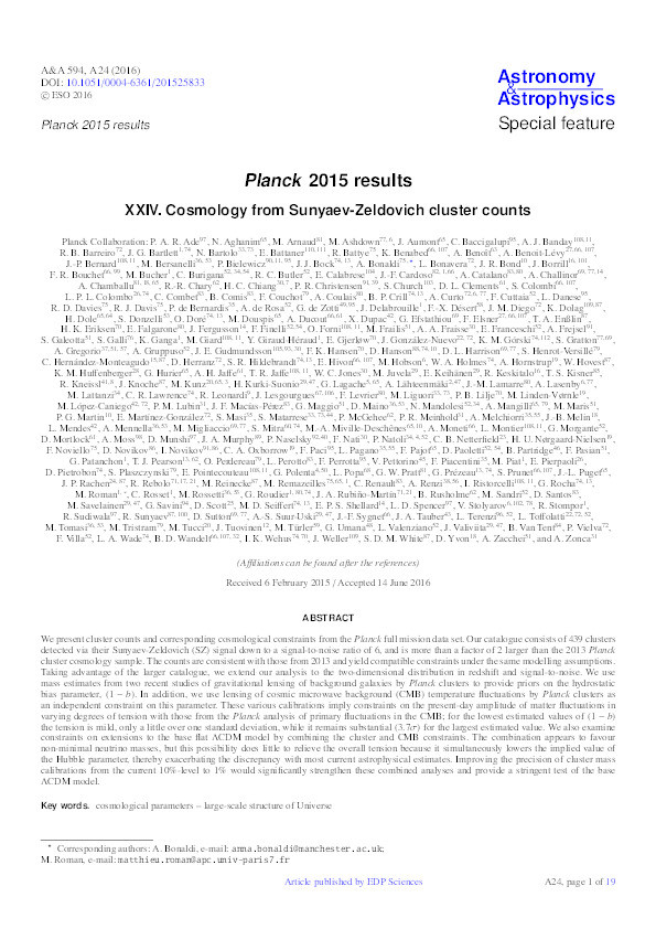 Planck 2015 results. XXIV. Cosmology from Sunyaev-Zeldovich cluster counts Thumbnail