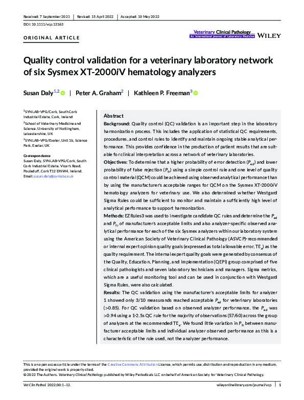 Quality control validation for a veterinary laboratory network of six Sysmex XT-2000i/V hematology analyzers iV hematology analyzers Thumbnail