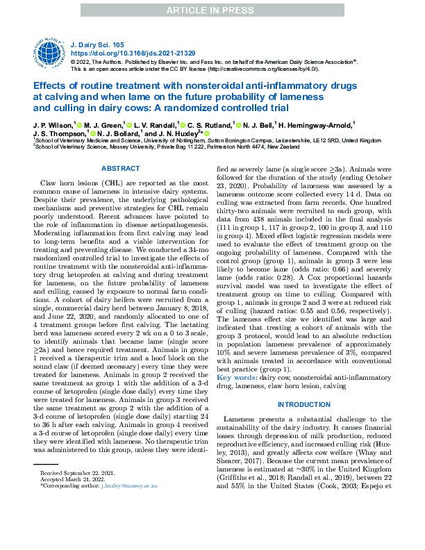 Effects of routine treatment with nonsteroidal anti-inflammatory drugs at calving and when lame on the future probability of lameness and culling in dairy cows: A randomized controlled trial Thumbnail