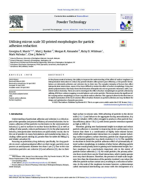 Utilising micron scale 3D printed morphologies for particle adhesion reduction Thumbnail