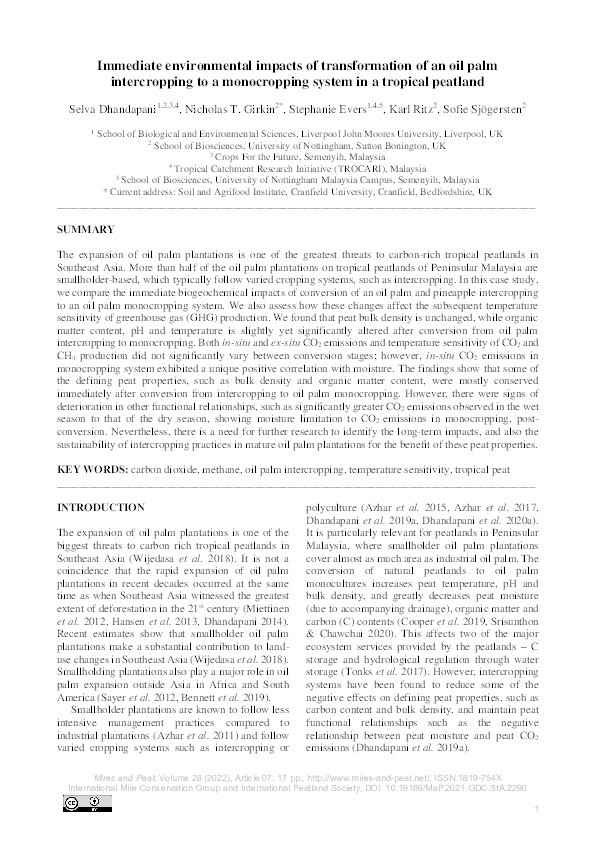 Immediate environmental impacts of transformation of an oil palm intercropping to a monocropping system in a tropical peatland Thumbnail