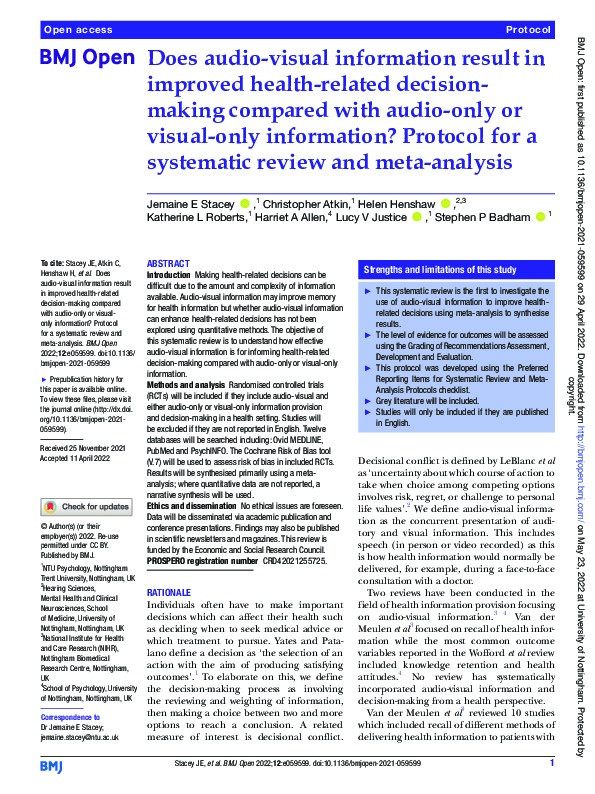 Does audio-visual information result in improved health-related decision-making compared with audio-only or visual-only information? Protocol for a systematic review and meta-analysis Thumbnail